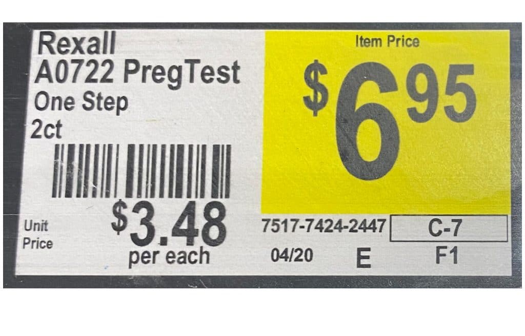 Rexall One Step Pregnancy Test two-pack cost $6.95. Prices at Dollar General may change without notice.