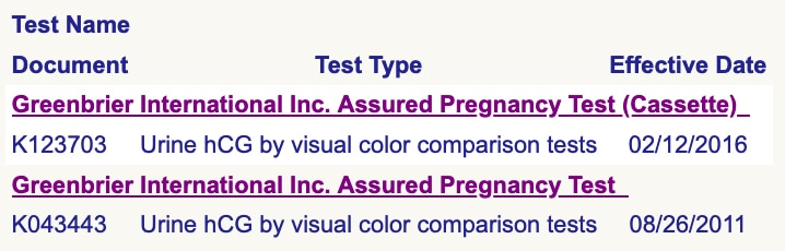 Assured Pregnancy Test FDA Documents