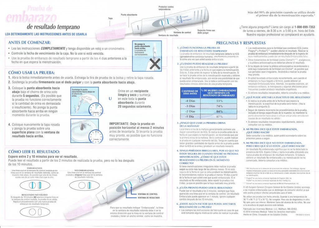 Equate Early Result Pregnancy Test instructions in Spanish.