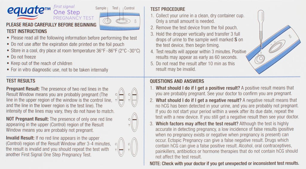 Walmart Equate First Signal Pregnancy Test instructions.