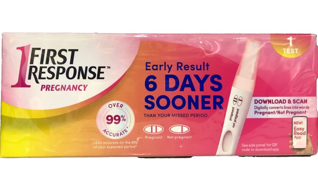 The new First Response Pregnancy Test package advertises their new "Download and Scan" app.
