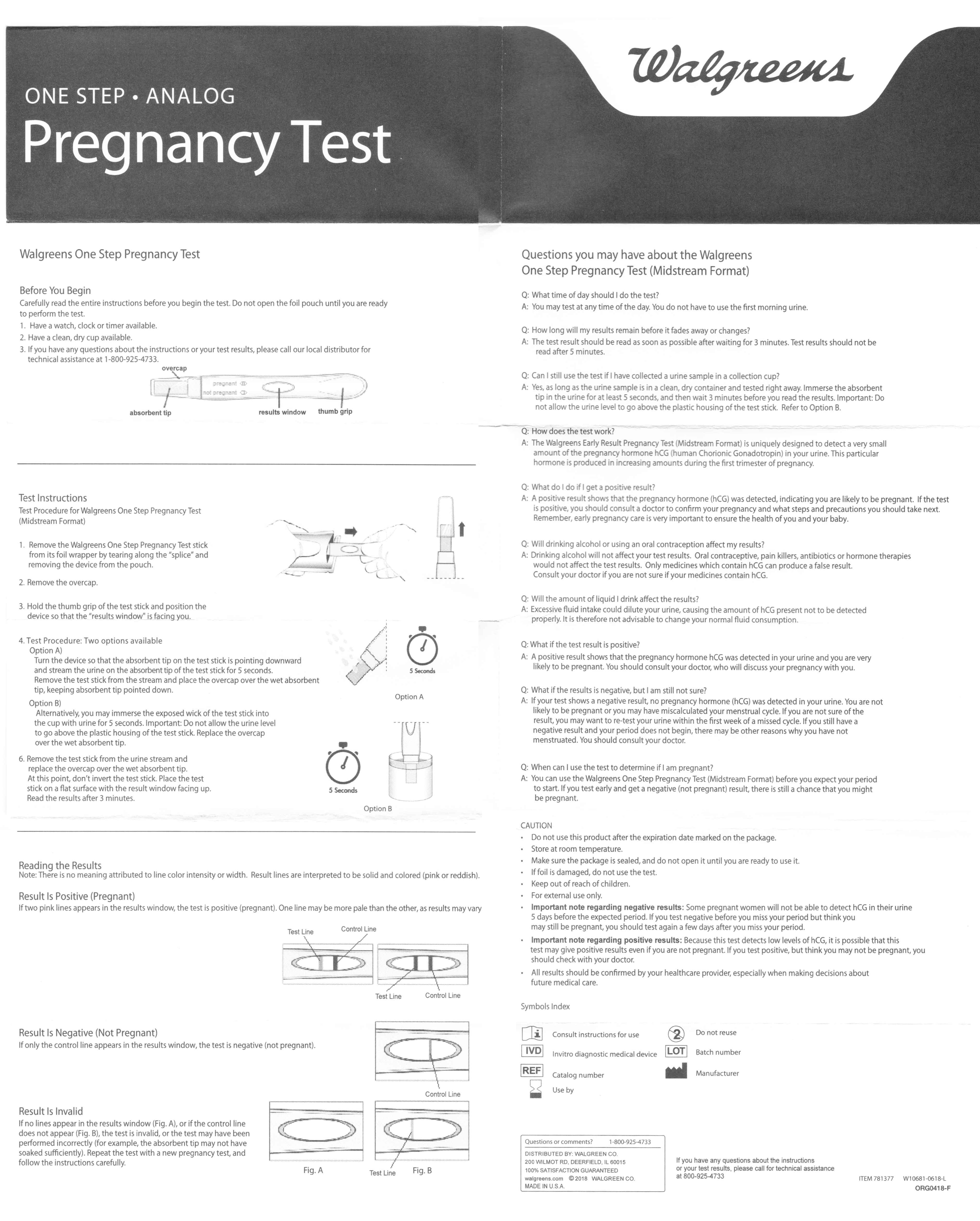 Walgreens One Step Analog Pregnancy Test instructions.