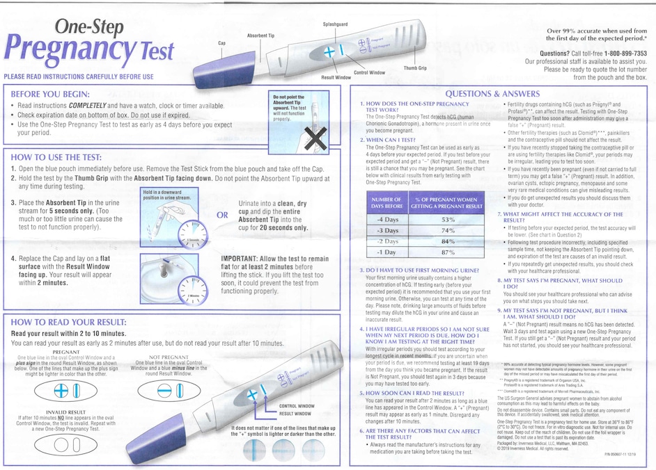 English directions for Walgreens One Step Pregnancy Test